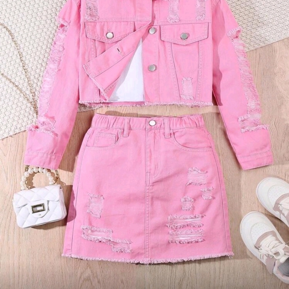SHEIN Pink Distressed Kids Denim Jacket And Skirt Set.